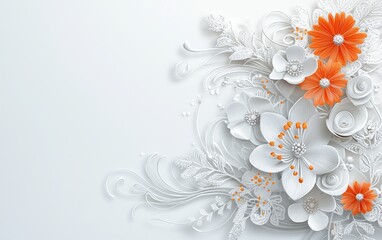Elegant White Orange Paper Flowers Bouquet Floral Design Wedding Greeting Card