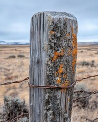 A weathered fence post with moss and lichen in a grassy landscape.