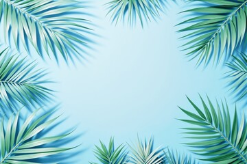 Green tropical palm leaves arranged around the edges on a bright pastel blue background, creating a refreshing and decorative summer concept. Ai generative
