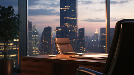 Modern office with city skyline view at dusk