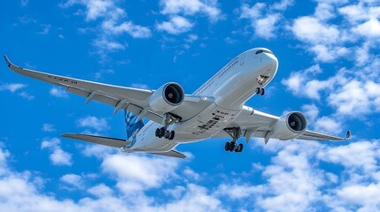 Obraz premium commercial airliner, flying in blue sky, white puffy clouds, detailed aircraft, reflective fuselage, wide-angle shot, high resolution, photorealistic, aviation photography, daytime flight, jet engines