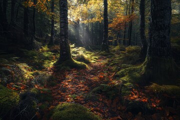 Beautiful forest landscape with sunlight filtering through the trees in autumn, a colorful forest background, sunlight rays shining on the ground and tall pine tree trunks with green leaves and orange
