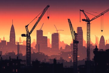 Vibrant urban skyline at sunrise with tower cranes and modern architecture in silhouette