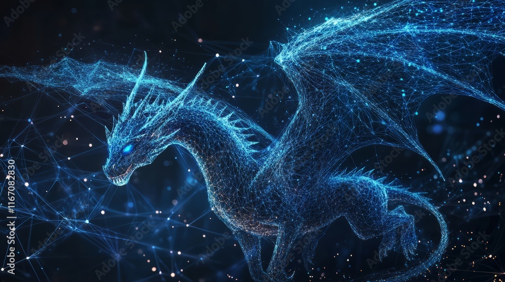Poster abstract flying dragons on a dark blue background. technological background for design on the topic 