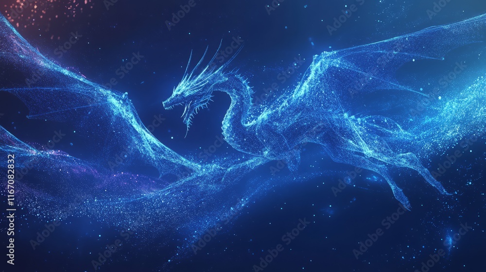 Poster abstract flying dragons on a dark blue background. technological background for design on the topic 