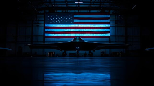 American flag, futuristic hangar, dark atmosphere, neon blue lighting, stealth aircraft silhouette, reflective floor, high contrast, sci-fi military scene, patriotic cyberpunk, glowing technology, moo