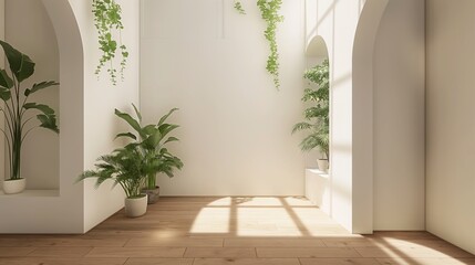 Spacious Minimalist Room with White Wall, Wooden Floor, and Green Plants - Serene and Organized Interior Design Concept
