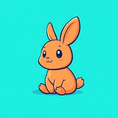 Fototapeta premium Cute cartoon orange rabbit character sitting on a bright turquoise background, perfect for children's illustrations, animations, and playful designs