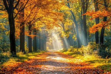 Obraz premium Beautiful forest landscape with sunlight filtering through the trees in autumn. A peaceful natural scene of green pine and oak woods in fall colors. High-resolution photography.