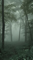 Obraz premium A misty forest path enveloped in fog and greenery.