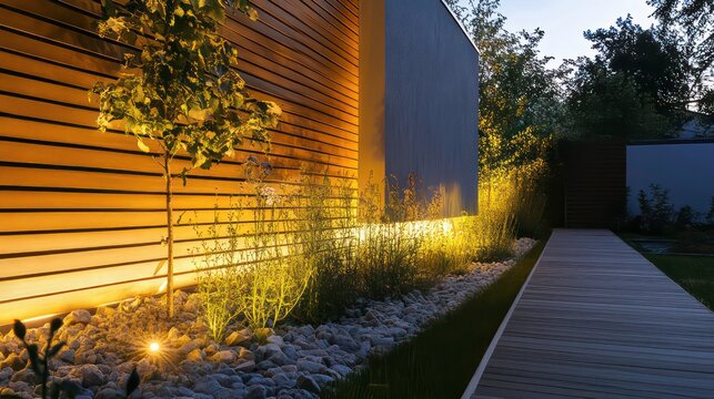 Fototapeta Modern outdoor lighting illuminates a wooden wall, enhancing the beauty of the landscaped garden and providing a cozy ambiance at night.