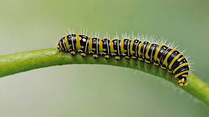 Caterpillar on green leaf, closeup of photo