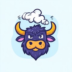 Obraz premium Cheerful Cartoon Bull Head with Exaggerated Features and Playful Expression Surrounded by Light Blue Background and Whimsical Cloud Thought Bubble