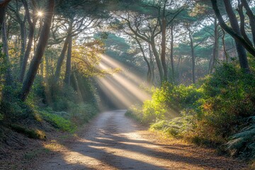 Obraz premium Beautiful forest landscape with sunlight shining through the trees in autumn. Forest path, natural background. High-resolution photo of a beautiful nature scene. Green pine and oak trees, bright color