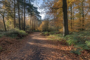 Naklejka premium Beautiful forest landscape with sunlight shining through the trees in autumn. Forest path, natural background. High-resolution photo of a beautiful nature scene. Green pine and oak trees, bright color