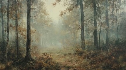 A misty forest landscape with autumn foliage and soft light.