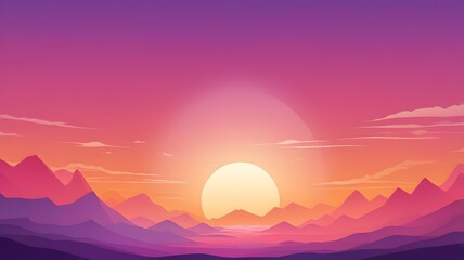 A stylized, minimalist landscape with layered mountains silhouetted against a vibrant sunset or sunrise sky in shades of purple, pink, and orange.