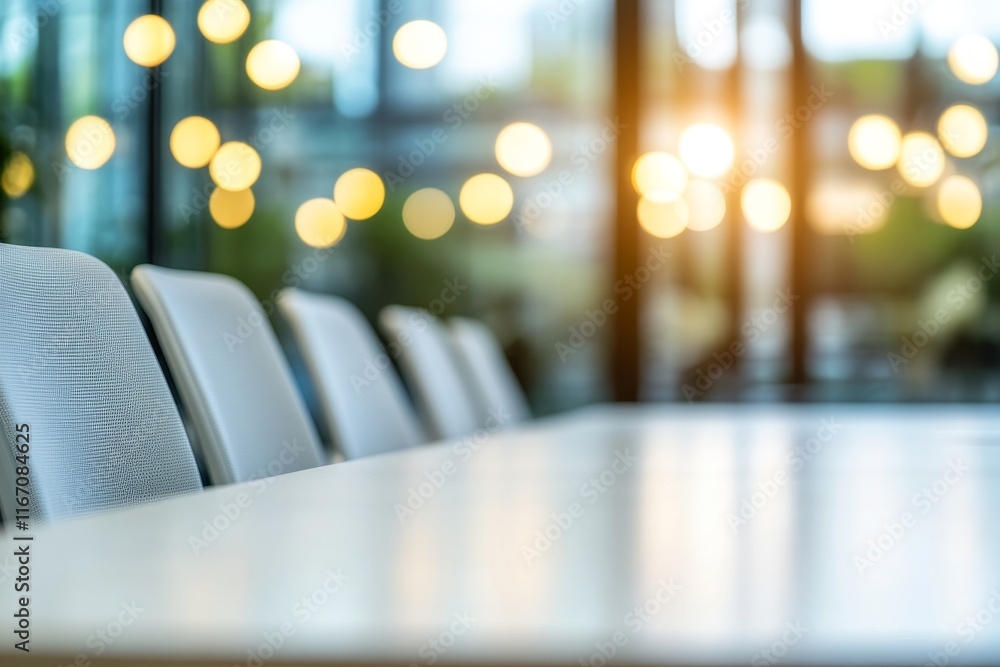 Poster empty modern boardroom table and chairs with cityscape view and bokeh lights background