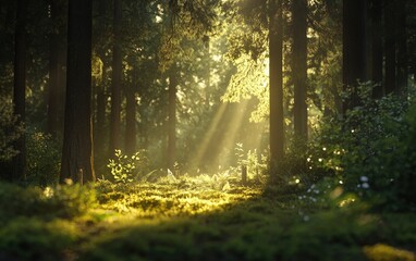 Obraz premium Beautiful forest landscape with sunlight shining through the trees in autumn. Forest path, natural background. High-resolution photo of a beautiful nature scene. Green pine and oak trees, bright color