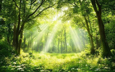 Obraz premium Beautiful forest with tall trees and sunlight shining through the foliage, creating an enchanting natural landscape. The scene is set in Germany's Black Forest during springtime. High resolution