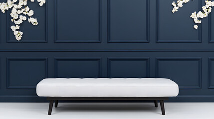A simple daybed with long wooden legs, showcasing a minimalist design in natural wood, offering a calm and inviting atmosphere perfect for relaxation and resting in a serene, modern living space.
