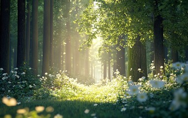 Fototapeta premium Beautiful forest with tall trees and sunlight shining through the foliage, creating an enchanting natural landscape. The scene is set in Germany's Black Forest during springtime. High resolution