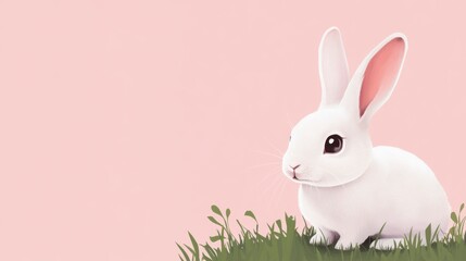 Obraz premium Cute White Bunny in Pink Grass - Easter Spring Animal
