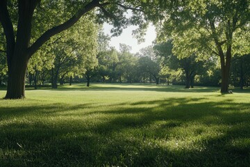 Obraz premium Beautiful green grass in the park with trees and a sunlit background, captured with a wide-angle lens.color grading, soft shadows, and a clean, sharp focus digital backdrop. This is a high-quality