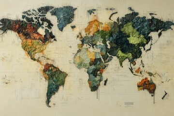 Abstract world map, textured, fragmented, colorful.