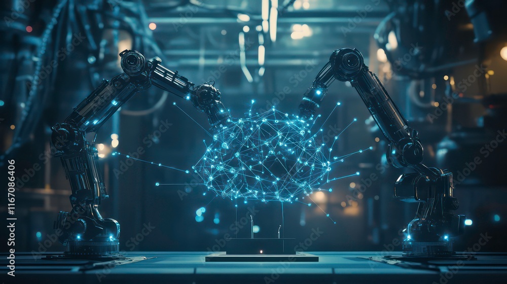 Poster neural network or artificial intelligence in industry 4, 0, robotic arms creates neural network on p