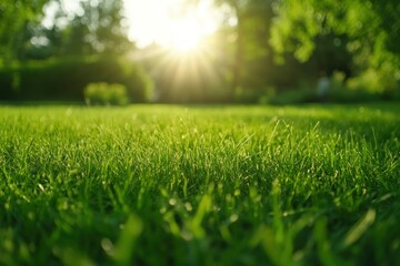 Fototapeta premium Beautiful green grass in the park with trees and a sunlit background, captured with a wide-angle lens.color grading, soft shadows, and a clean, sharp focus digital backdrop. This is a high-quality