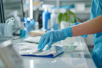 Janitor tidying up a white office desk, maintaining cleanliness in a professional environment