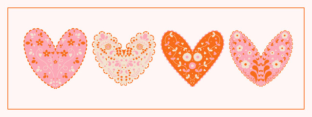 Valentine's Day Scandinavian inspired folk art pattern with flowers and hearts. Nordic heart illustration in a flat modern style. 