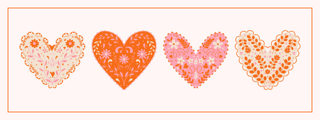 Valentine's Day Scandinavian inspired folk art pattern with flowers and hearts. Nordic heart illustration in a flat modern style. 