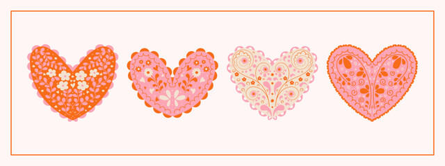 Valentine's Day Scandinavian inspired folk art pattern with flowers and hearts. Nordic heart illustration in a flat modern style. 