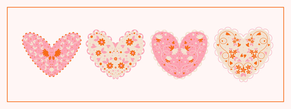 Valentine's Day Scandinavian inspired folk art pattern with flowers and hearts. Nordic heart illustration in a flat modern style. 