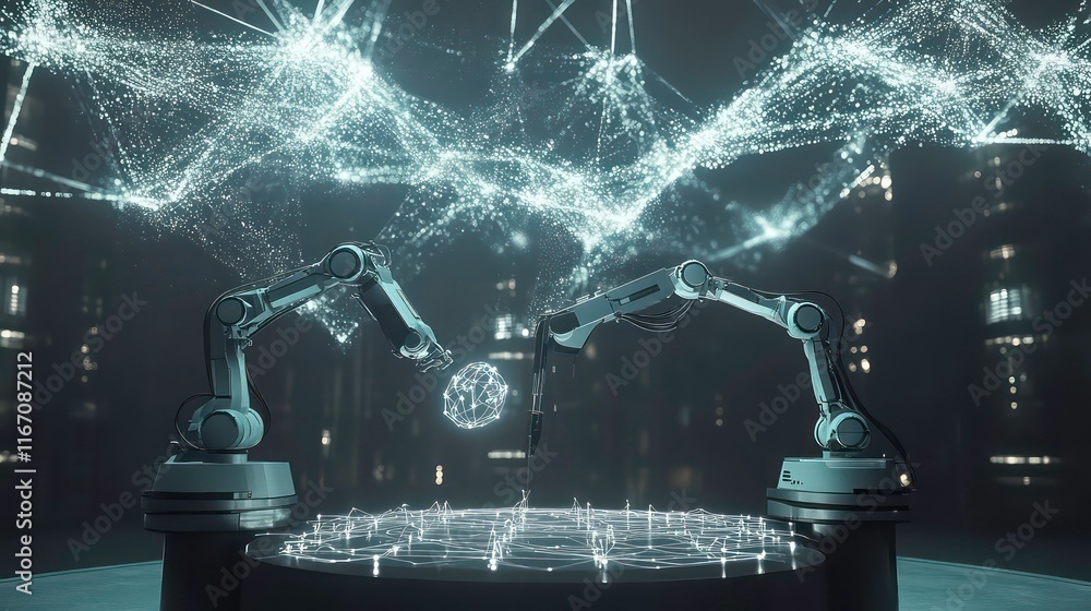 Poster neural network or artificial intelligence in industry 4, 0, robotic arms creates neural network on p