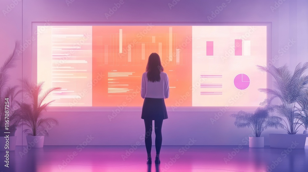 Poster woman viewing data analytics on a large display.
