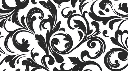 Seamless Black and White Damask Floral Pattern, Elegant Swirl Design