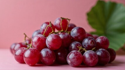 Fototapeta premium Bunch of purple grapes on pink backgroundBunch of purple grapes on pink background