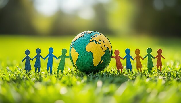 Paper people holding hands around a green Earth, Earth Day message of environmental protection, ESG cooperation, sustainable resources for a better future, vibrant HD