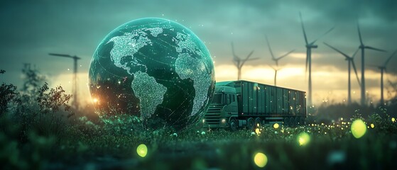 Renewable energy and green logistics management concept, crystal globe with transportation icons, wind turbines, and solarpowered cargo trucks, ultradetailed, luminous