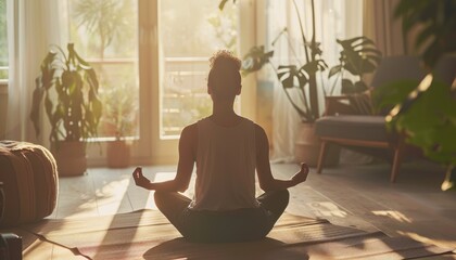 Human calmly concentrate do yoga in zen way on living room with pot of plant for harmonious of body and spirit. Indoor activity with peaceful, fresh and calmly ambient set with green planting. AIG61.