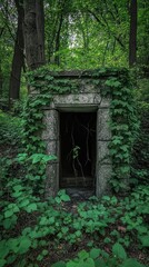 An overgrown stone doorway surrounded by lush greenery.