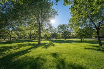 Obraz premium Beautiful green grass in the park with trees and a sunlit background, captured with a wide-angle lens on a sunny day. The bright light and green color tone give the image a commercial photography