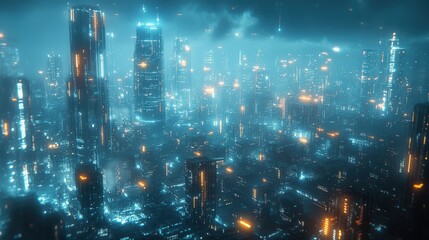 Fototapeta premium Aerial view of smart city with highspeed internet data streams