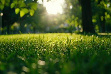 Naklejka premium Beautiful green grass in the park with trees and a sunlit background. A healthy environment for fitness or outdoor activity. featuring high resolution, high quality, professional color grading