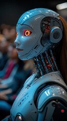 Ai teacher lectures in front of large screen with blurred audience