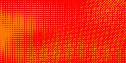 orange halftone pattern. Retro comic gradient background. Bright orange pixelated dotted texture overlay. Cartoon pop art faded gradient pattern. Vector backdrop for poster, banner, advertisement