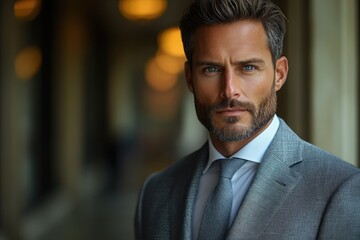 Fototapeta premium Confident Businessman in Tailored Gray Suit with Smile Against Light Textured Background